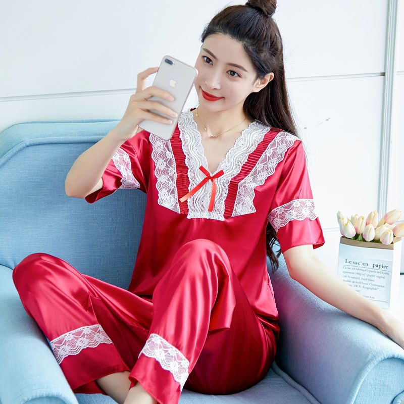 Women's summer ice pajamas silk short-sleeved trousers suit loose and comfortable Korean version can be worn outside sexy v-neck net red hot style