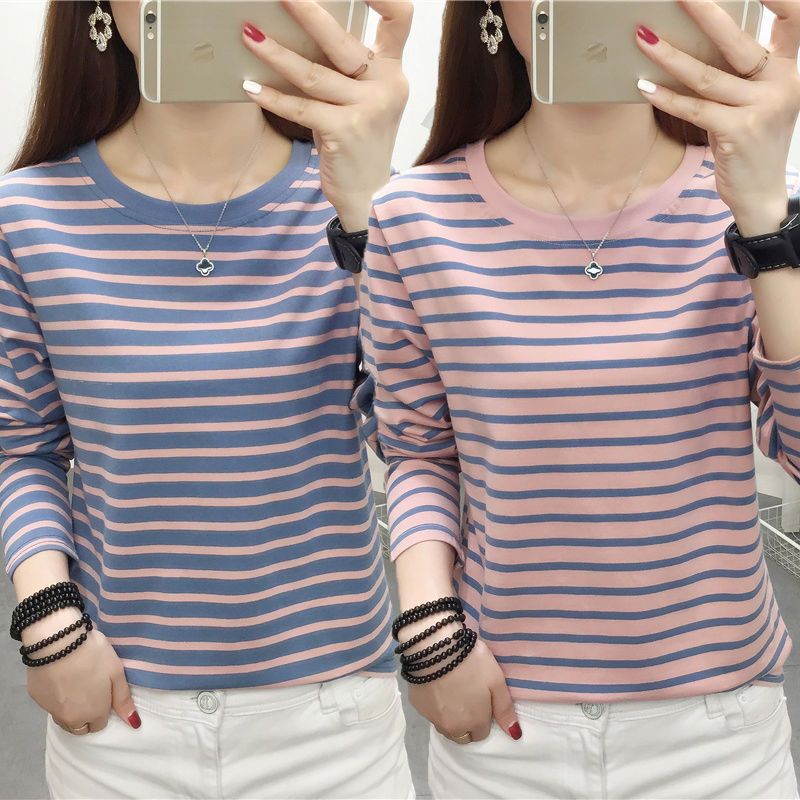 2022 new spring and autumn pure cotton all-match long-sleeved t-shirt top women's striped large size loose bottoming shirt