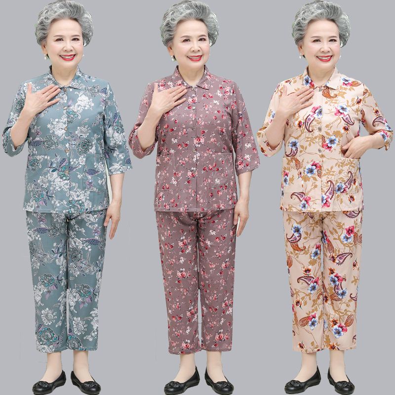 Middle-aged and elderly women's cotton silk grandma's summer suit 60-year-old and 70-year-old summer clothes female mother's two-piece suit