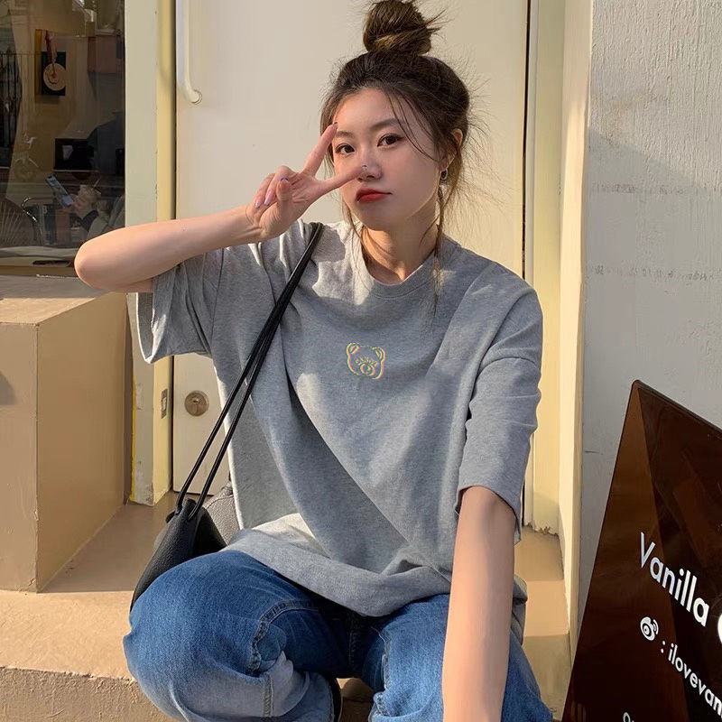 100 cotton short sleeve female Korean version loose 2022 summer new simple bear T-shirt female gray coat ins tide