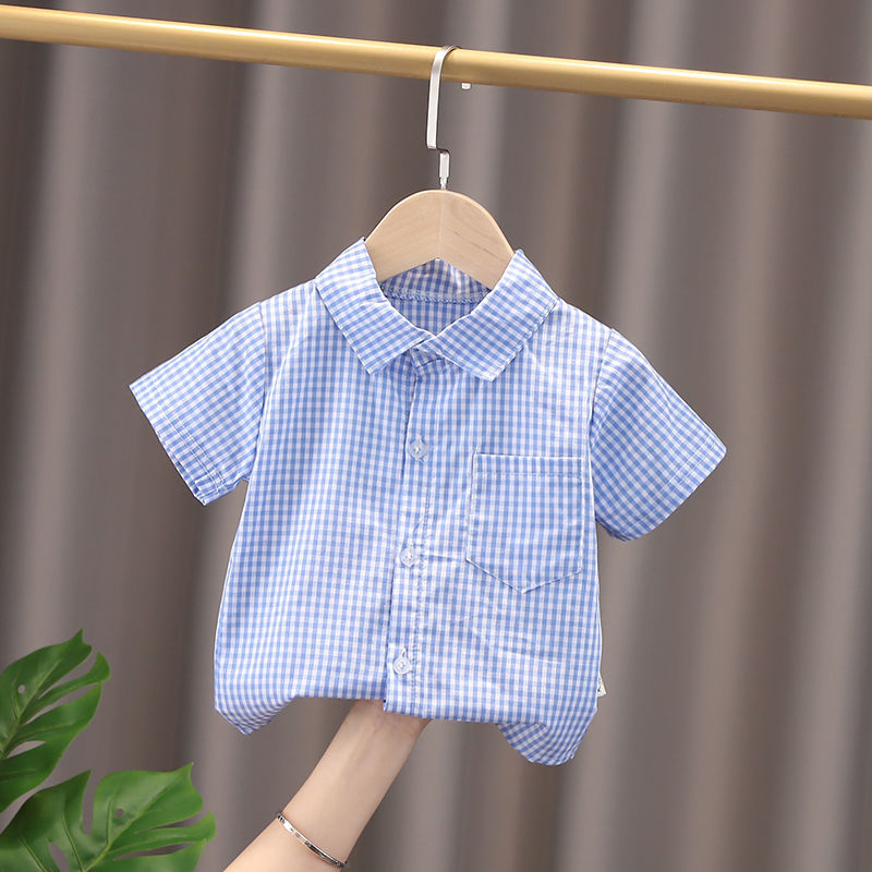 男童短袖衬衣棉质儿童婴儿小童纯棉半袖衬衫宝宝格子上衣薄款夏季
