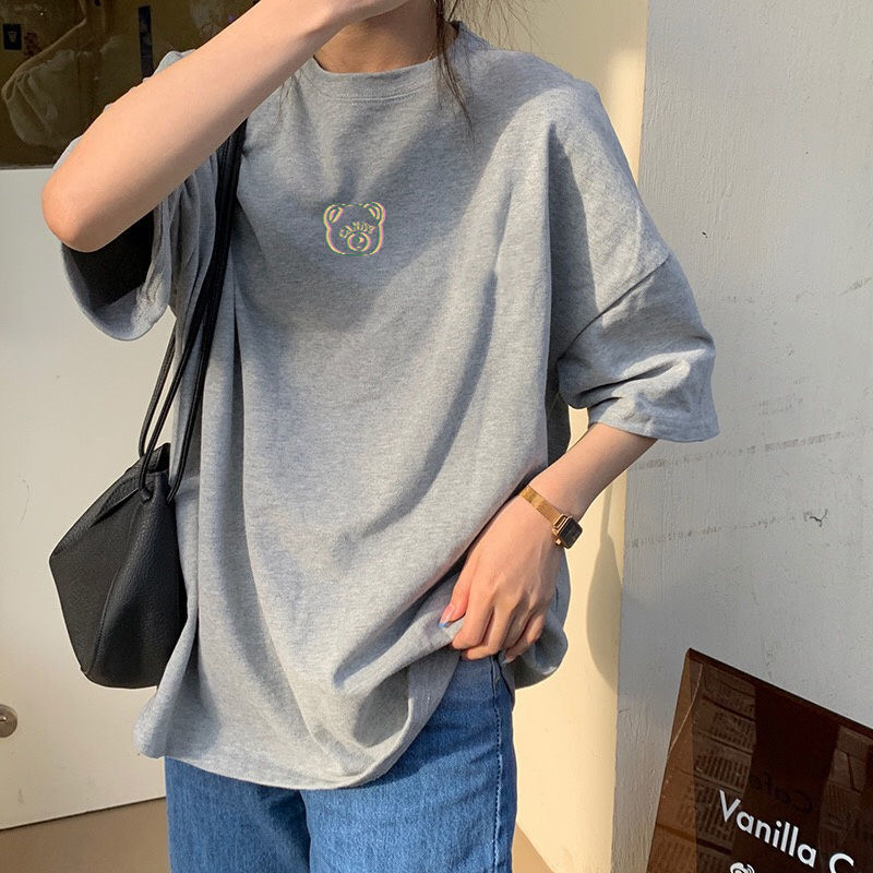 100 cotton short sleeve female Korean version loose 2022 summer new simple bear T-shirt female gray coat ins tide