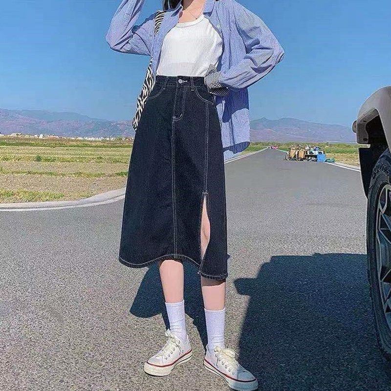 Denim skirt women's high waist thin split 2022 summer new loose Korean versatile slim A-line skirt trend
