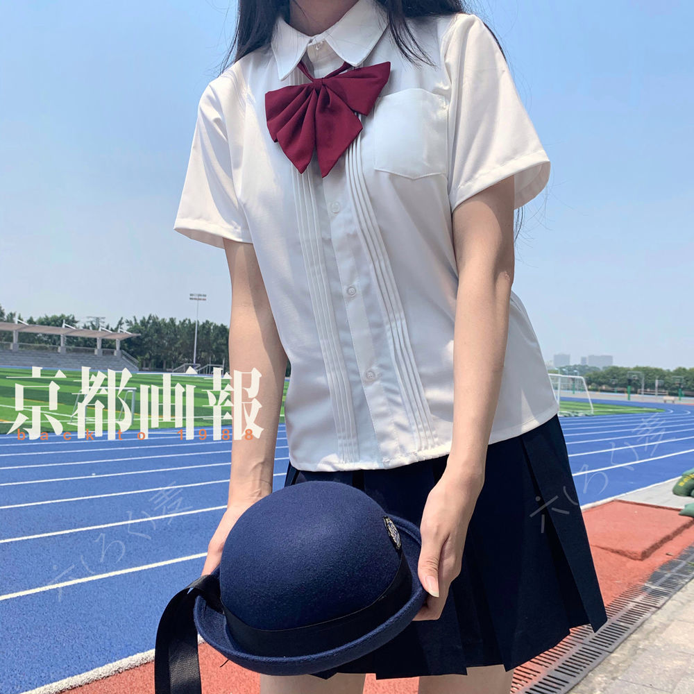 【六麦】衬衫女jk 基础款正版风琴褶短袖白衬衫奶白棉质 舒服面料