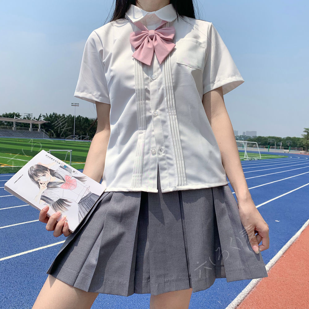 【六麦】衬衫女jk 基础款正版风琴褶短袖白衬衫奶白棉质 舒服面料