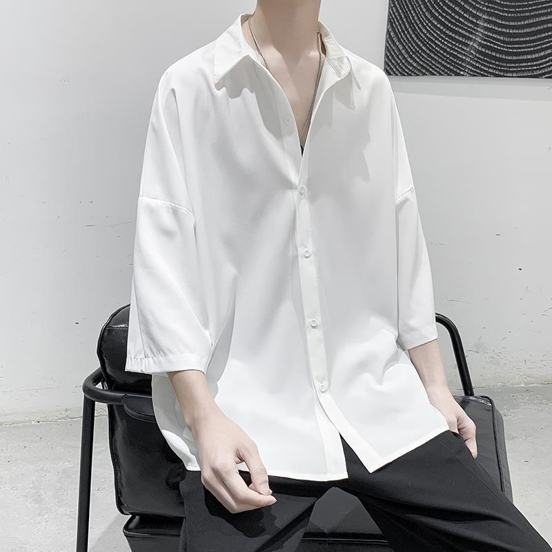 白衬衫男慵懒风五分袖冰丝垂感衬衣夏季痞帅潮牌宽松休闲短袖外套