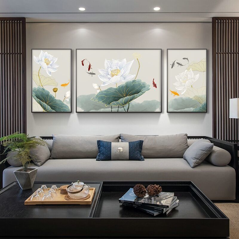 新中式禅意荷花客厅装饰画沙发背景墙画中国风三联画茶室餐厅挂画