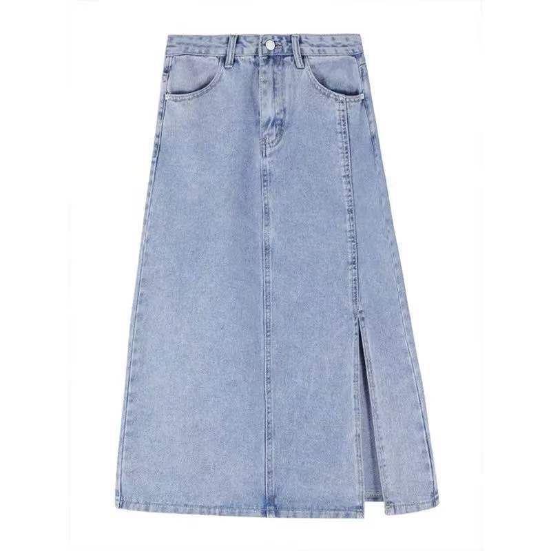 Denim skirt women's high waist thin split 2022 summer new loose Korean versatile slim A-line skirt trend