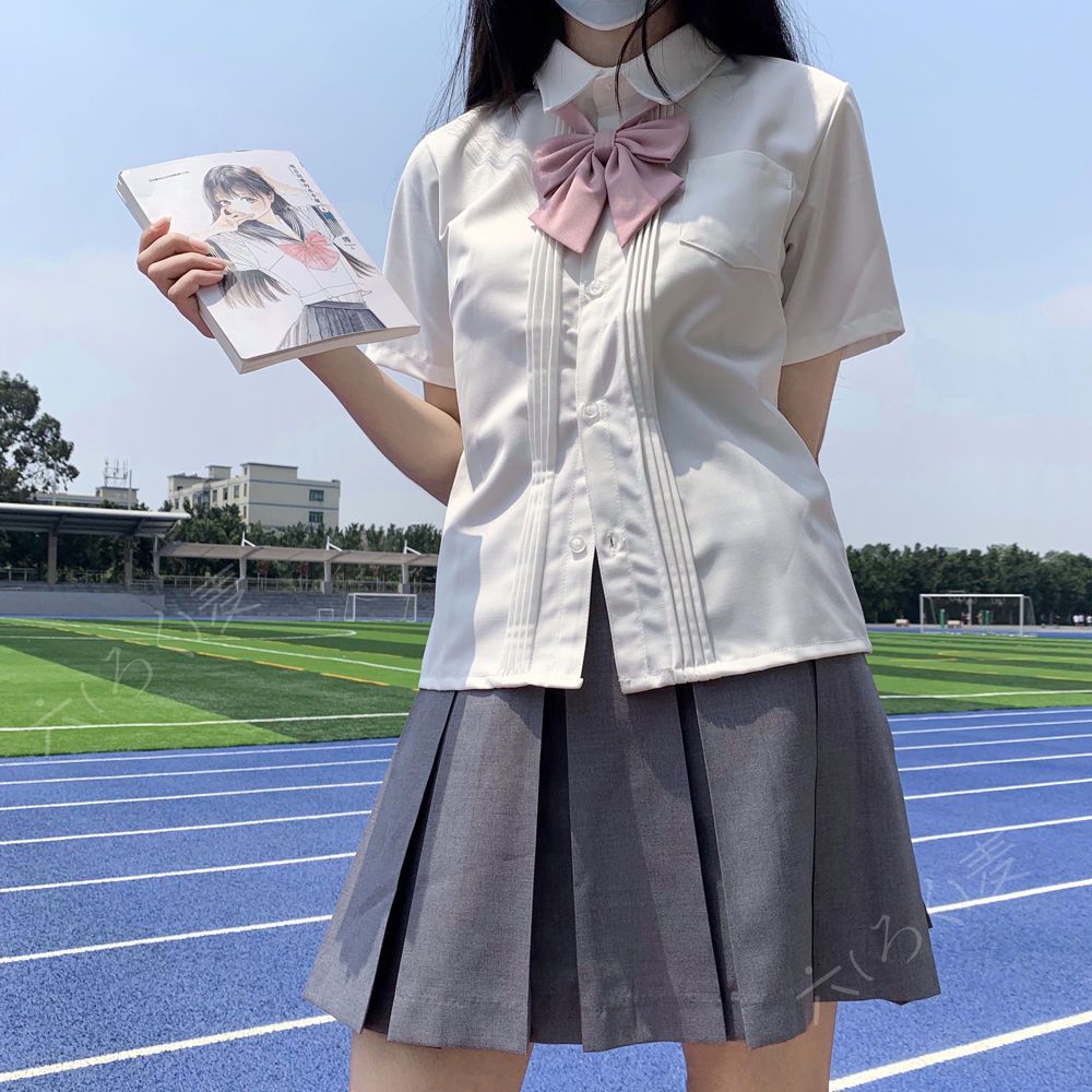 【六麦】衬衫女jk 基础款正版风琴褶短袖白衬衫奶白棉质 舒服面料