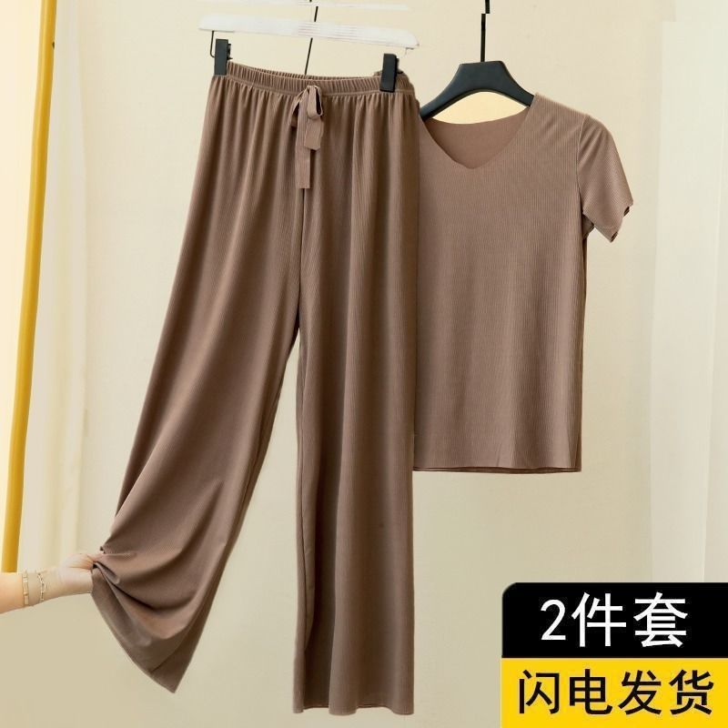 夏季短袖套裝女冰絲睡衣兩件套2022新款家居服休閒寬鬆闊腿褲睡褲