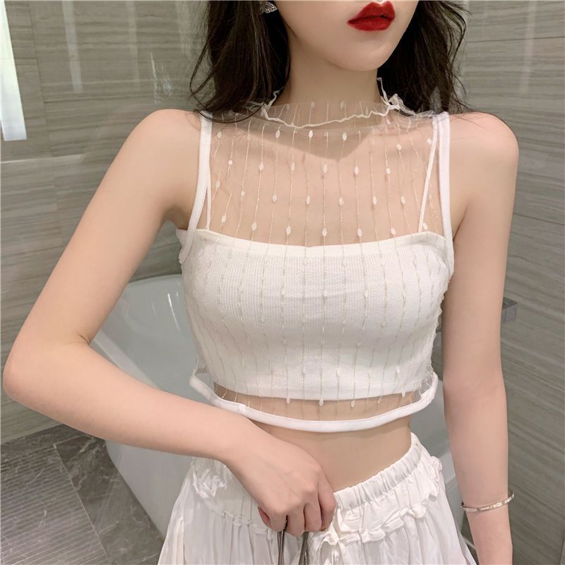 Celebrity temperament suit female  spring new half-high collar mesh blouse tube top knitted sweater top two-piece set