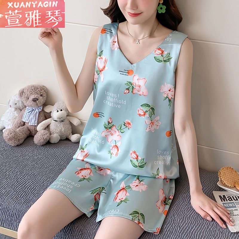Pajamas Women's Summer Ice Silk Vest Suit Sleeveless Simulation Silk Sweet Cute Cartoon Ladies Thin Section Homewear