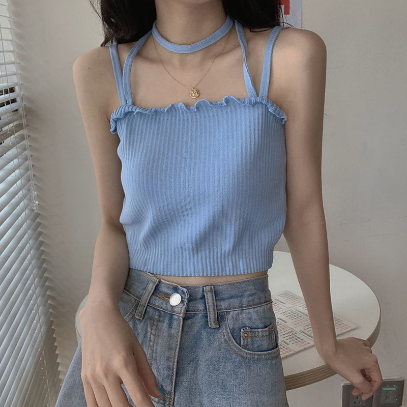 Summer  new Korean version of the beautiful back small sling female net red hot style hanging neck top with short bottoming shirt trend