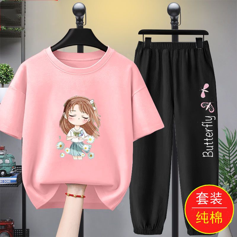 女童t恤短袖套裝2023新款夏季純棉寬鬆兒童打底衫薄款防蚊褲童裝