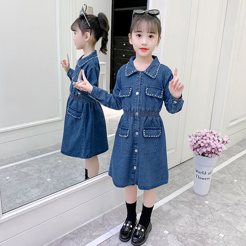童裝女童連衣裙韓版時髦牛仔長袖裙子新款2023中大童超洋氣裙子潮