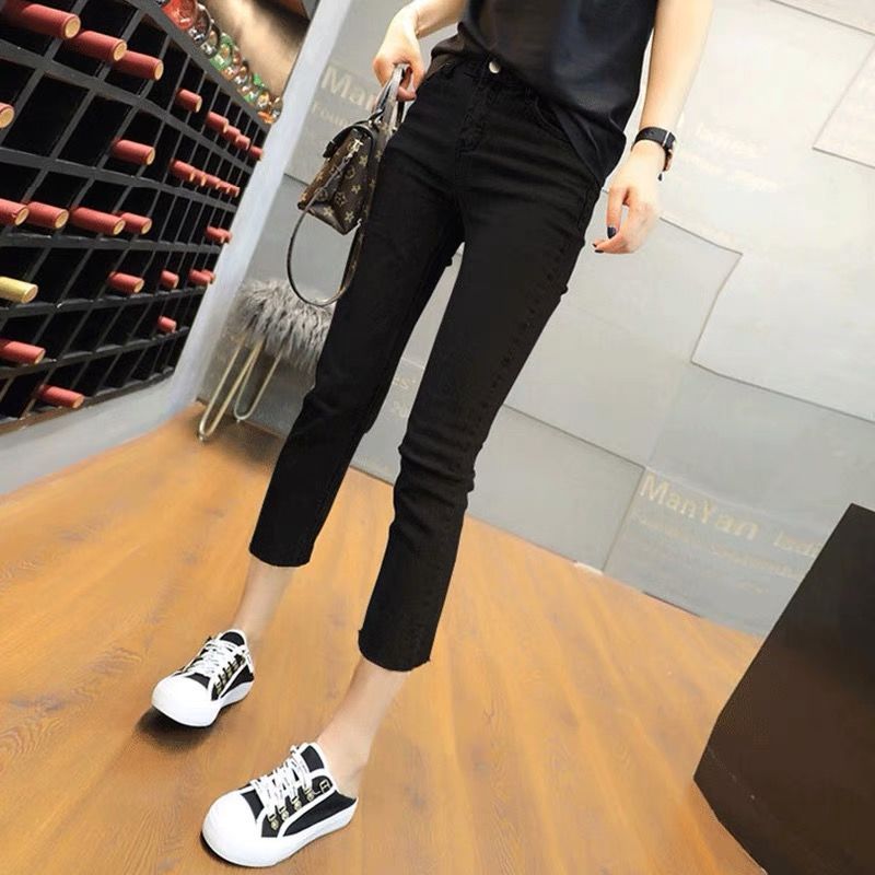 Spring and summer thin 9-point straight Leggings for women to wear small 8-point pants for slim fit and small black pants with holes