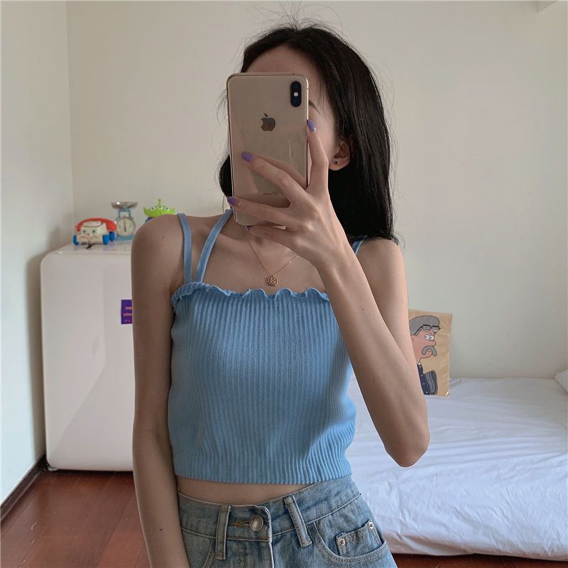 Summer  new Korean version of the beautiful back small sling female net red hot style hanging neck top with short bottoming shirt trend