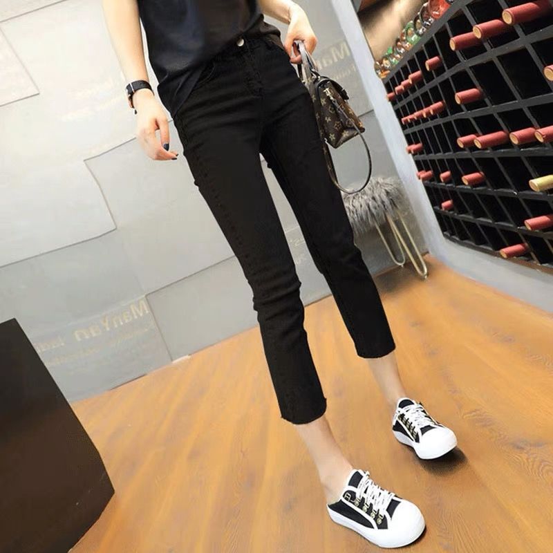Spring and summer thin 9-point straight Leggings for women to wear small 8-point pants for slim fit and small black pants with holes