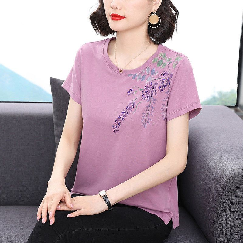 纯棉短袖t恤女宽松大码妈妈装2021年新款百搭女士遮肚半袖上衣夏
