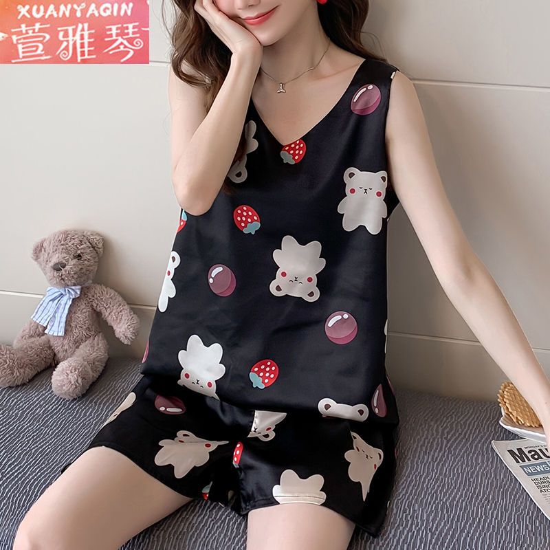 Pajamas Women's Summer Ice Silk Vest Suit Korean Version Sleeveless Simulation Silk Sweet Cute Cartoon Thin Homewear