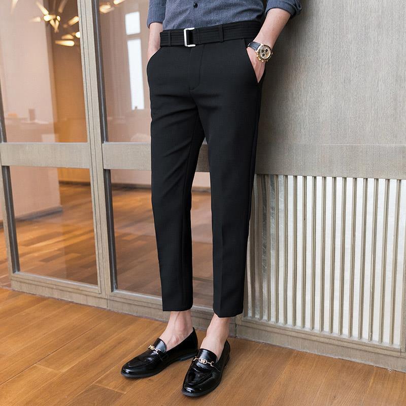 Handsome men's trendy trousers summer thin nine-point suit pants slim fit feet all-match Korean casual drape trousers