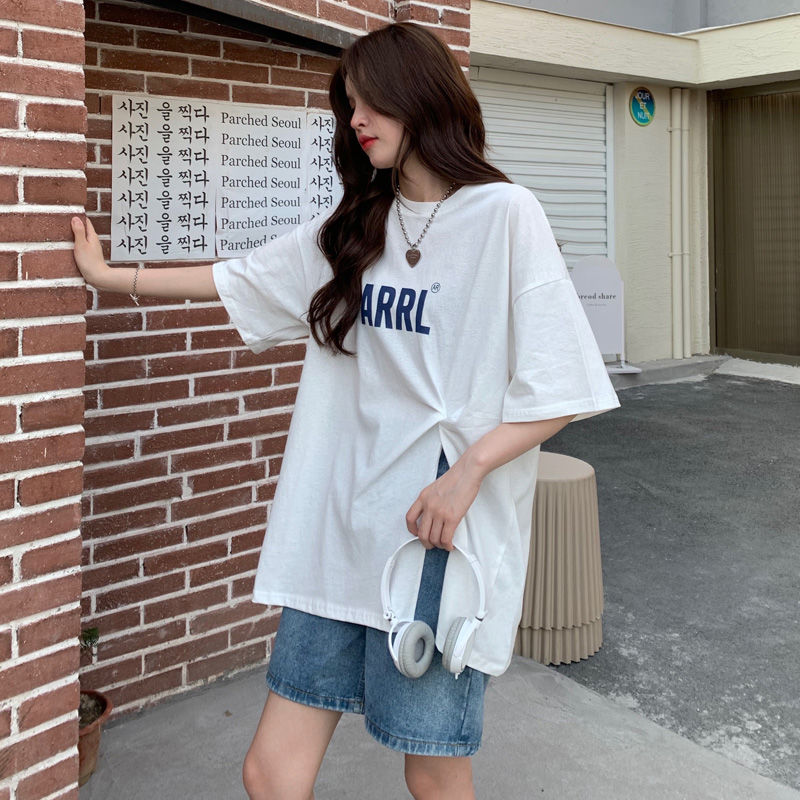 Design sense niche kink split letter printed short-sleeved T-shirt women's summer loose mid-length hip-covering half-sleeve top trendy