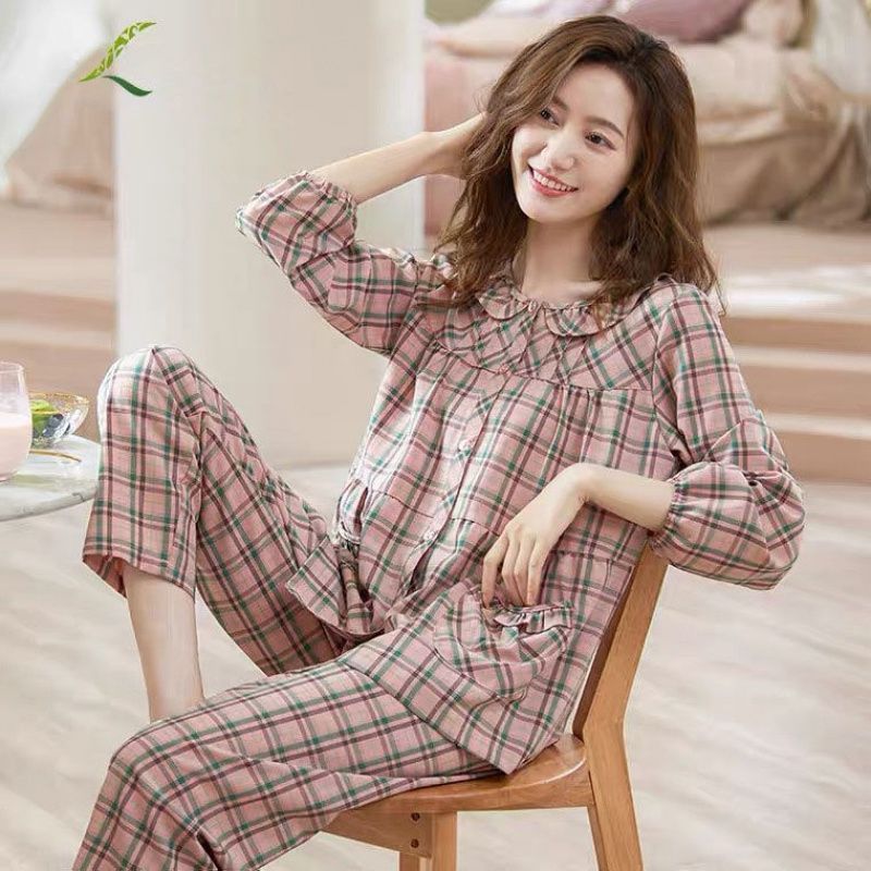 100% double-sided cotton pajamas women's long-sleeved spring and autumn women's large size summer small cardigan home service suit winter