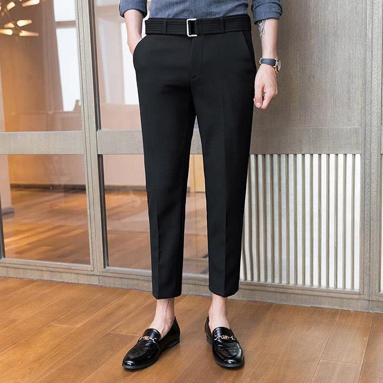Handsome men's trendy trousers summer thin nine-point suit pants slim fit feet all-match Korean casual drape trousers