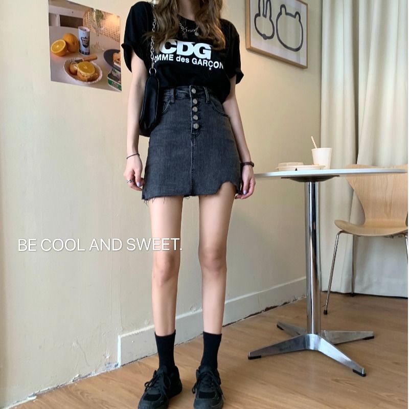 夏季薄款高腰牛仔半身裙女大碼胖mm防走光內襯包臀顯瘦a字短裙子