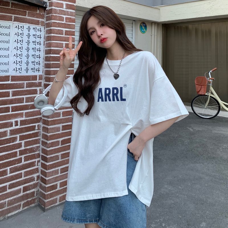 Design sense niche kink split letter printed short-sleeved T-shirt women's summer loose mid-length hip-covering half-sleeve top trendy