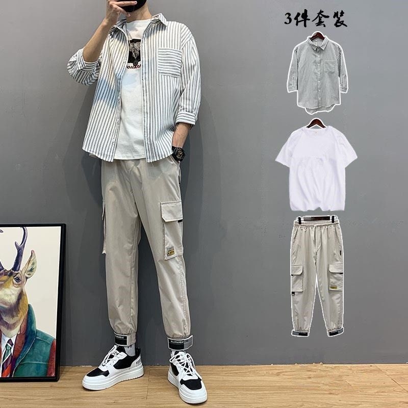 七分袖条纹衬衫韩版潮流痞帅衬衣休闲套装男装一套搭配春夏三件套