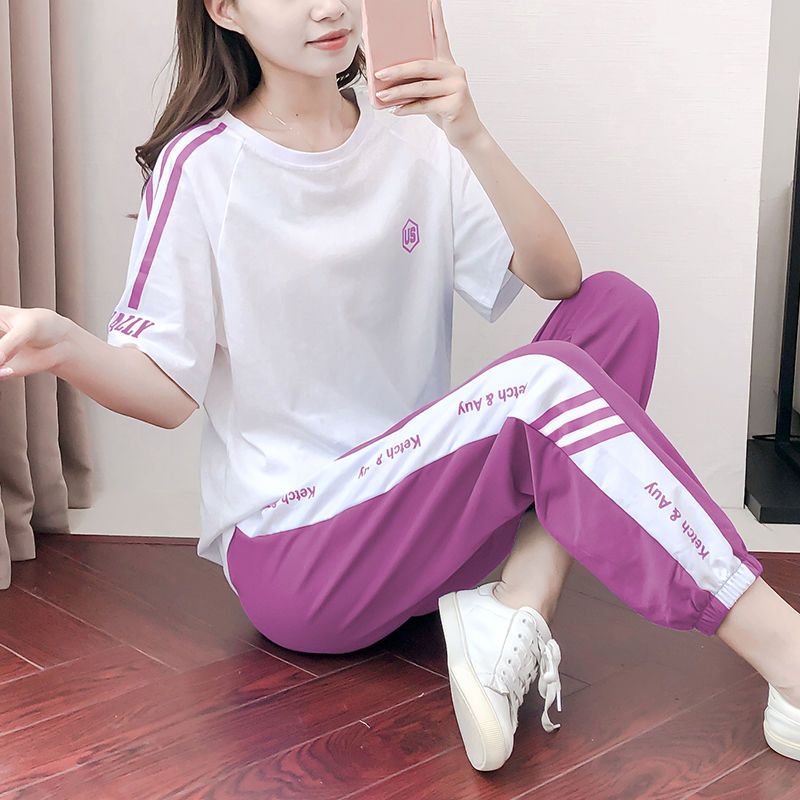 套装夏季女装2021新款潮学生韩版宽松短袖嘻哈时尚运动休闲两件套