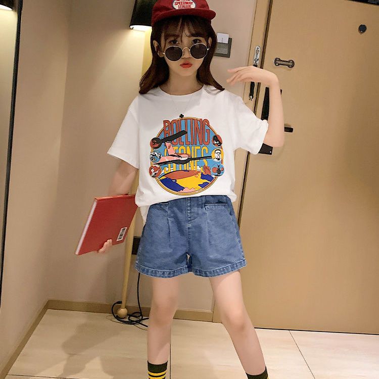 Girls' summer denim suit 2023 new style medium and large children's foreign style girls summer short-sleeved shorts two-piece set trendy
