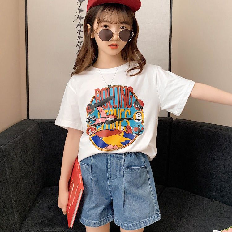 Girls' summer denim suit 2023 new style medium and large children's foreign style girls summer short-sleeved shorts two-piece set trendy