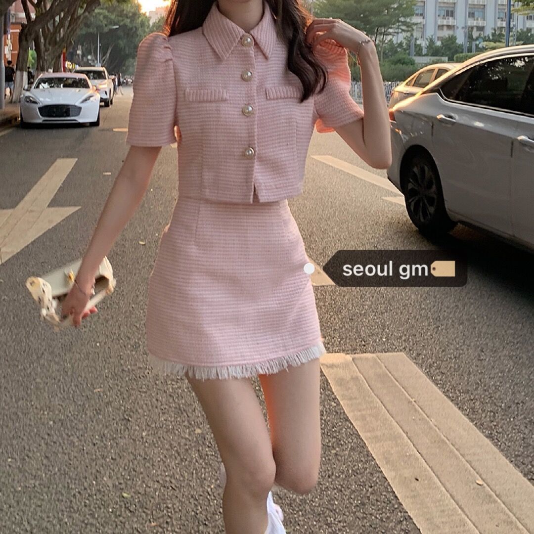 两单件套装奶糖~韩系少女粉色短袖衬衫上衣+显瘦毛边包臀短裙套装