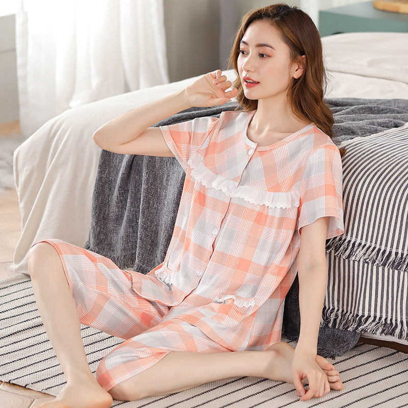 High-end pure cotton pajamas women's summer short-sleeved cropped pants large size middle-aged mother spring and summer foreign style home service suit