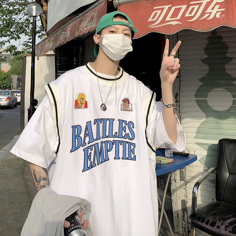 假兩件籃球服短袖t恤男ins寬鬆原宿風學生運動拼接hiphop半袖上衣