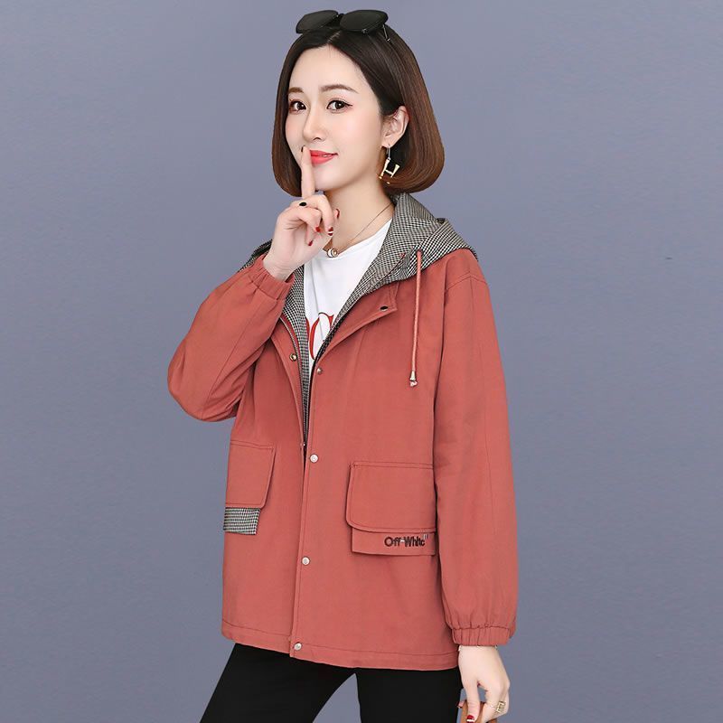 [with lining] jacket female  new all-match windbreaker female Korean version loose hooded jacket short tooling spring