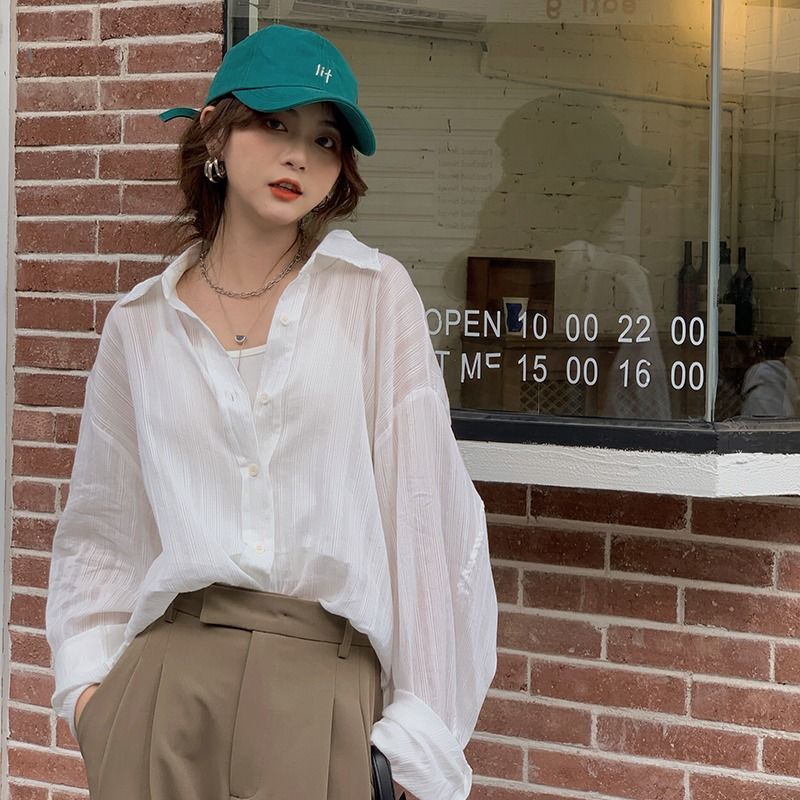 白色防晒衬衫外套女设计感夏季薄款2023新款韩版宽松慵懒长袖上衣