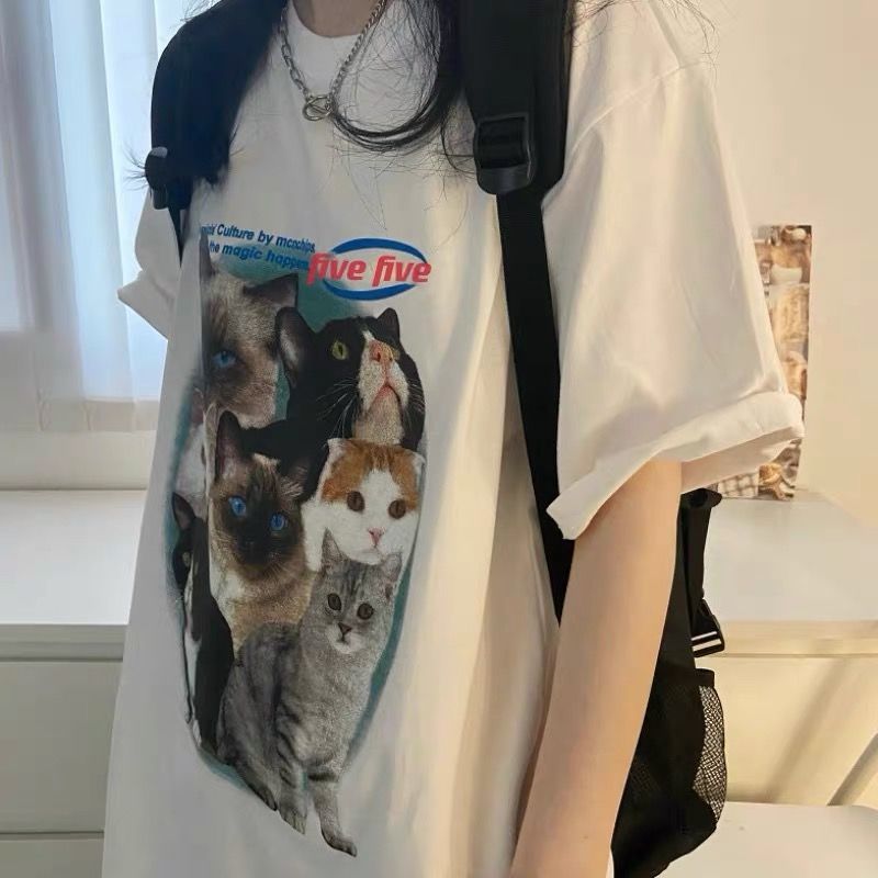 100% cotton short-sleeved T-shirt women's fashion ins2023 new mid-length loose Korean version student top bf Harajuku style