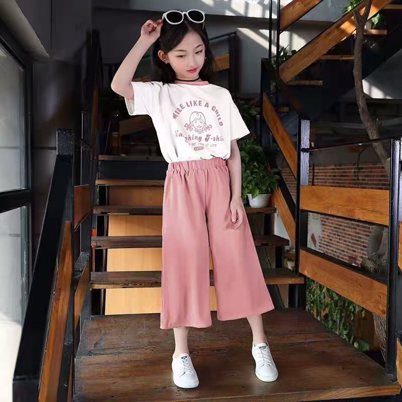 含棉女童夏季套裝2023洋氣時髦短袖闊腿褲兩件套休閒中大童童裝潮