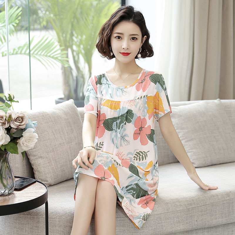 Cotton silk pajamas dress mid-length large size loose thin nightdress ladies summer artificial cotton nightdress home service