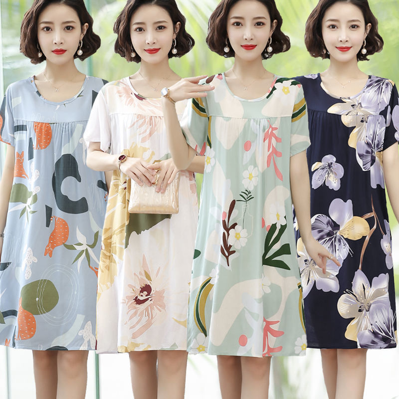 Cotton silk pajamas dress mid-length large size loose thin nightdress ladies summer artificial cotton nightdress home service