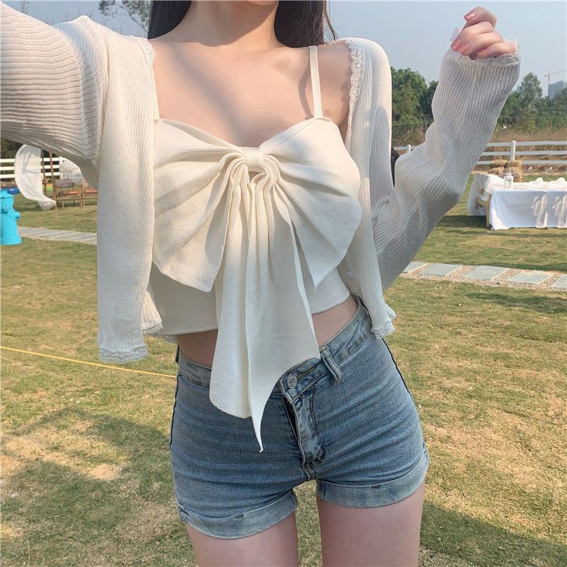 Pure desire bowknot camisole female  spring new outerwear temperament slim short top cardigan suit