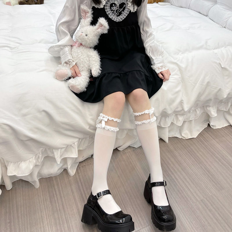 Japanese jk soft girl Lolita bow lace lace stitching calf mid-calf socks female velvet Lolita