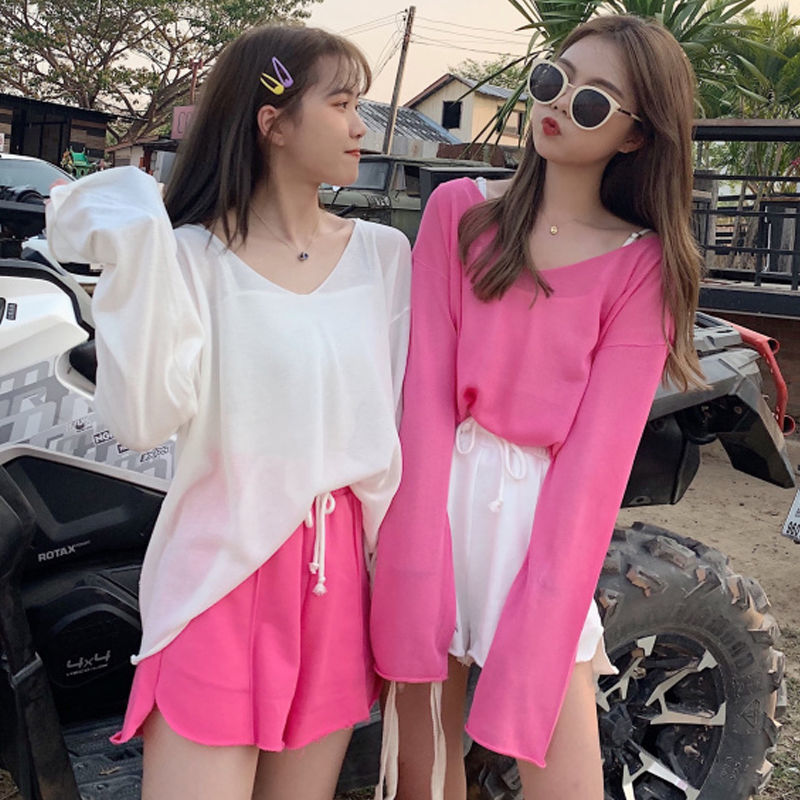  summer dress Ice silk long-sleeved sunscreen top women + sports shorts thin section loose all-match net red two-piece set