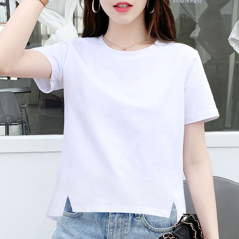 Loose short-sleeved T-shirt for women with slits and inner shirt white top for women pure cotton T-shirt summer 2022 new trend