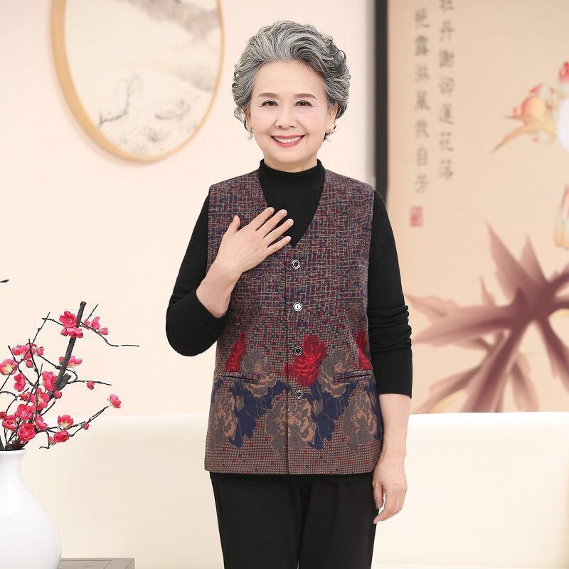 Middle-aged and elderly women's vest women's spring and autumn new mother's vest vest button vest vest spring and summer thin coat for the elderly