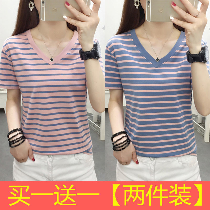 買一送一純棉短袖t恤女夏裝條紋V領2021新款寬鬆大碼半袖上衣減齡