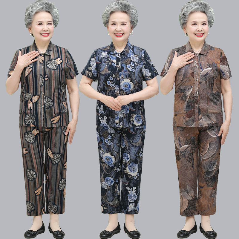 Middle-aged and elderly women's clothing mother suit summer grandma large size short-sleeved cotton silk elderly clothes and pants two-piece set